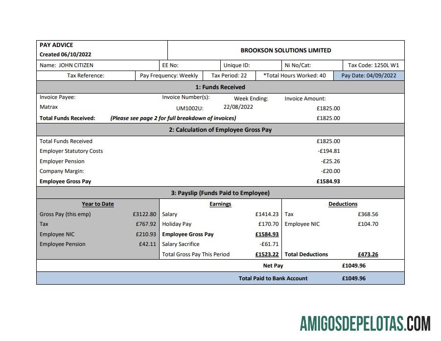 Recibo de pagamento da Brookson Solutions Limited dos EUA exemplo real